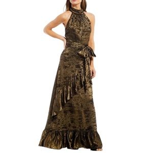 Alex Marie NWT Tiffany Metallic Halter Neck Tiered Ruffle Hem Gown Black Gold
